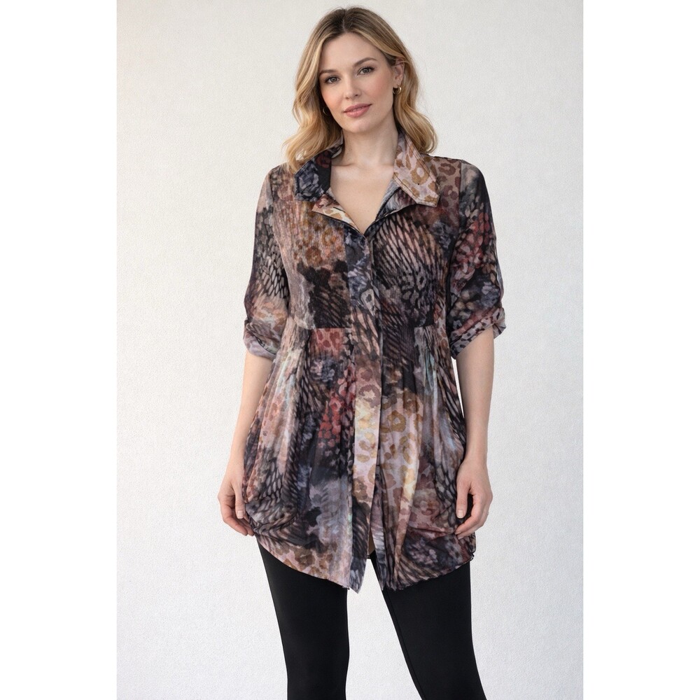 Elena Wang Sheer Abstract Print Tunic Dress Boho Lagen Look Mandarin Collar sz M